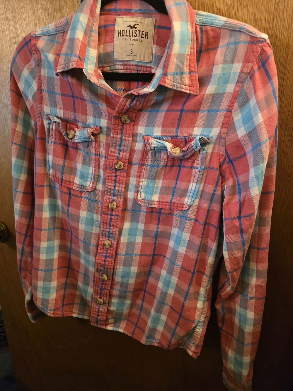 Hollister Coral, Light Blue & White Plaid Button-Down Shirt